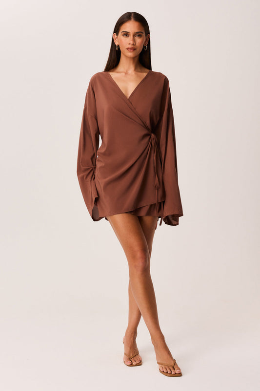 Image of Dresses. Productname: SNDYS BREE WRAP MINI DRESS in Mocha colour by brand - SNDYS
