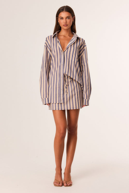 Image of a model wearing Skirts. Productname: SNDYS SARA MINI SKIRT in Midnight Stripe colour by brand - SNDYS