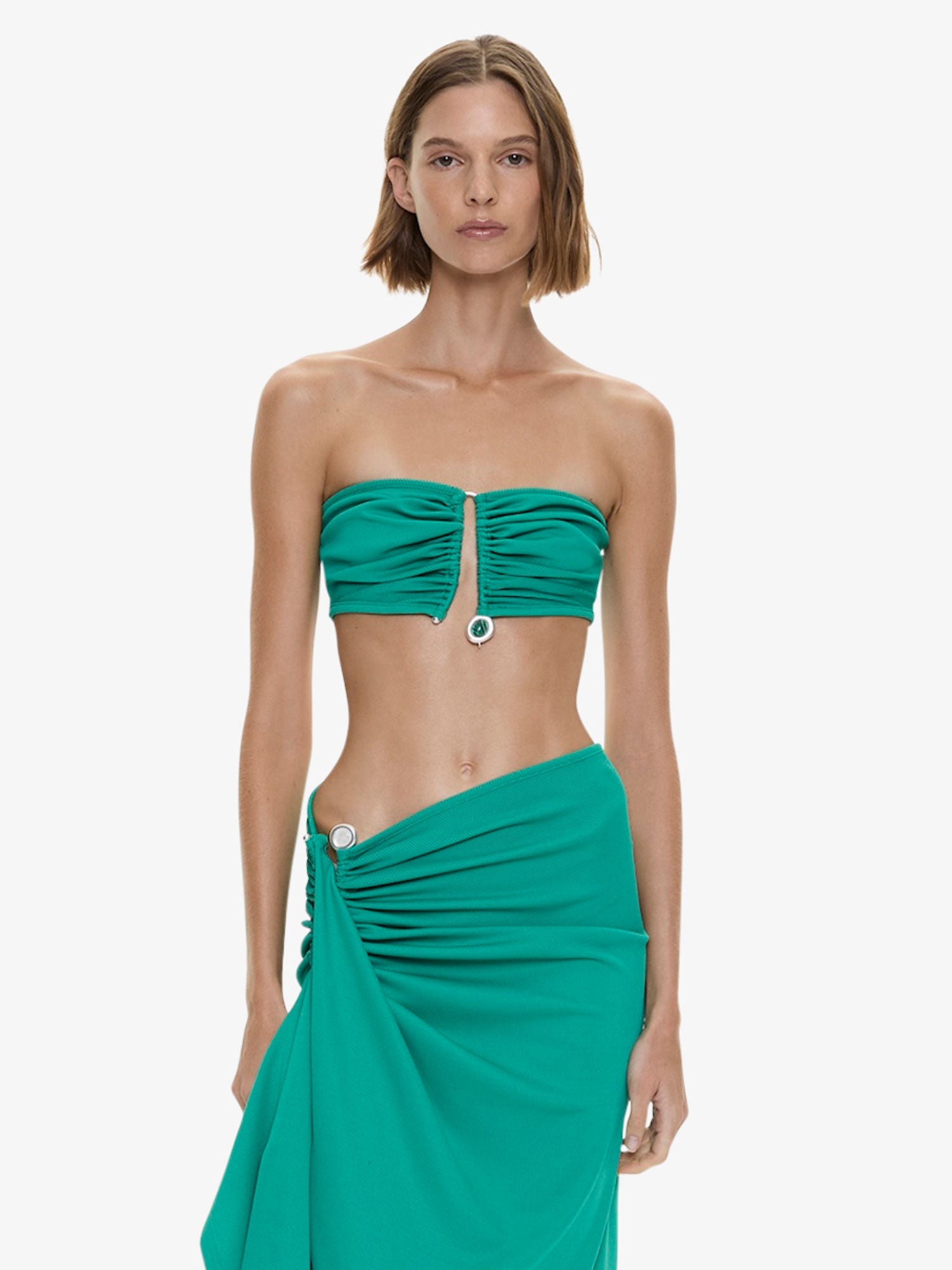 Image of Clothing Tops. Product name - Droplet Crystal Pendant Ruched Bandeau in Malachite colour by brand - CHRISTOPHER ESBER