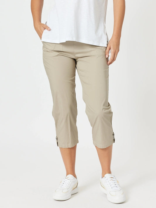 Image of a model wearing Pants. Product name - Santorini Cropped Cotton Pant Natural in Natural colour by brand - Threadz