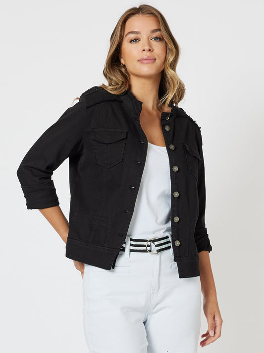 Image of Coats & Jackets. Product name - Military Denim Jacket Black in Black colour by brand - Threadz