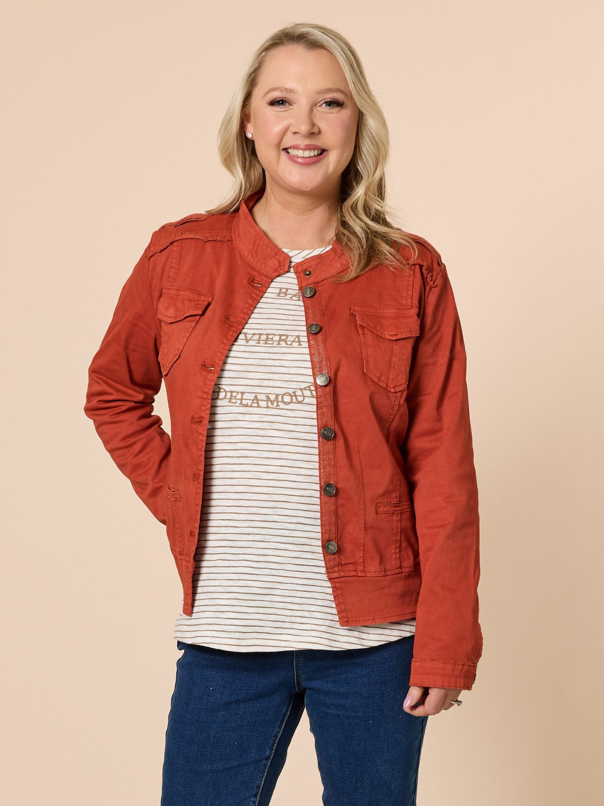 Image of Coats & Jackets. Product name - Military Denim Jacket Maple in Maple colour by brand - Threadz