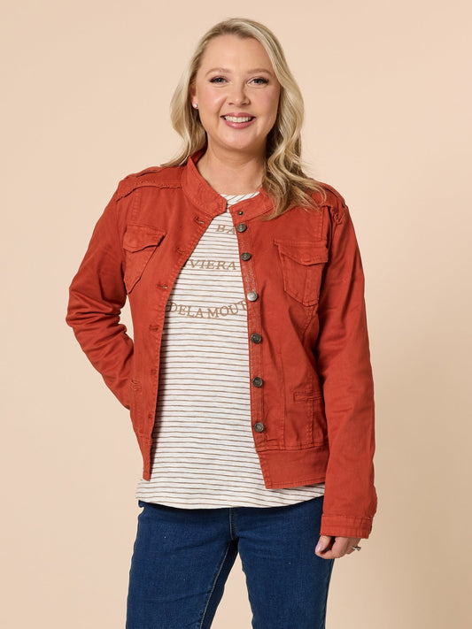 Image of Coats & Jackets. Product name - Military Denim Jacket Maple in Maple colour by brand - Threadz