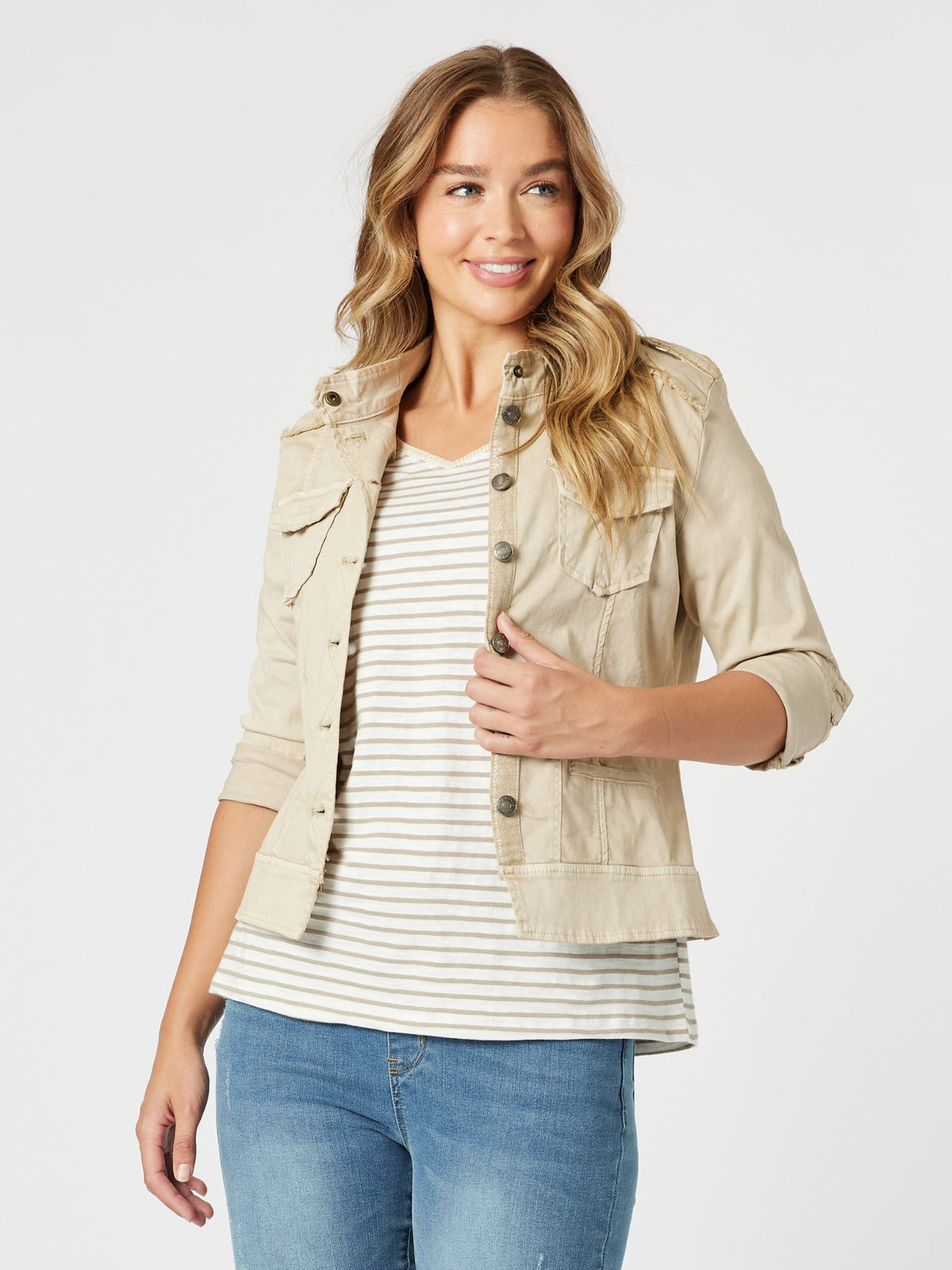 Image of Coats & Jackets. Product name - Military Denim Jacket Natural in Natural colour by brand - Threadz