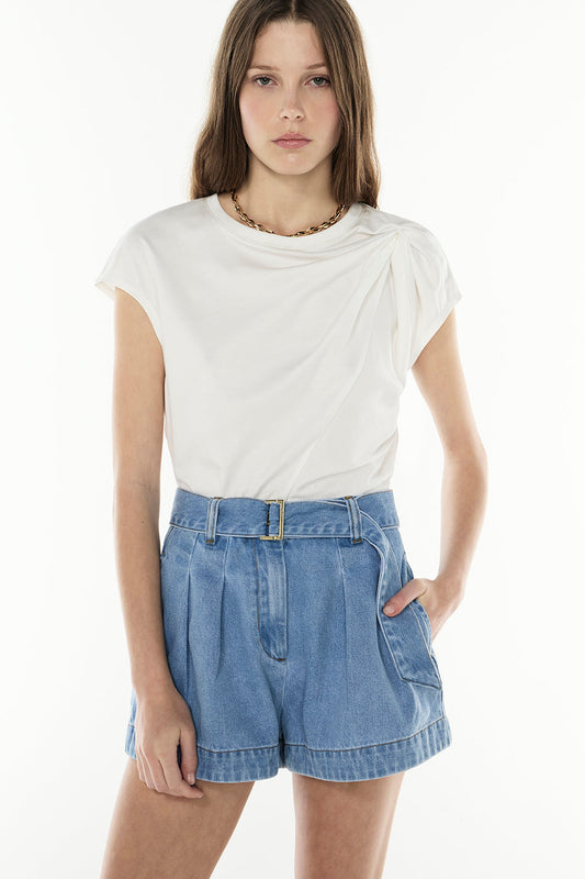 Image of a model wearing Tops. Productname: Central Line Top in WHITE colour by brand - Manning Cartell