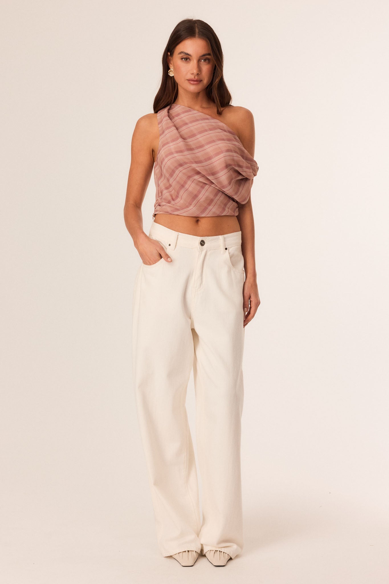Image of a model wearing Tops. Productname: SNDYS TAI OFF SHOULDER TOP in Mocha Plaid colour by brand - SNDYS