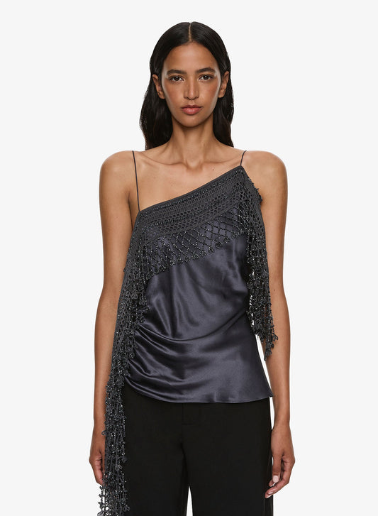 Image of a model wearing Tops. Productname: CHRISTOPHER ESBER Droplet Bead Crochet Trimmed Cami in Granite colour by brand - CHRISTOPHER ESBER