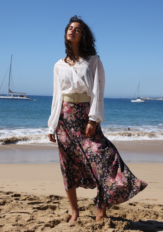 Image of a model wearing Skirts. Productname: Auguste The Label Dion Maxi Skirt in Black colour by brand - Auguste The Label