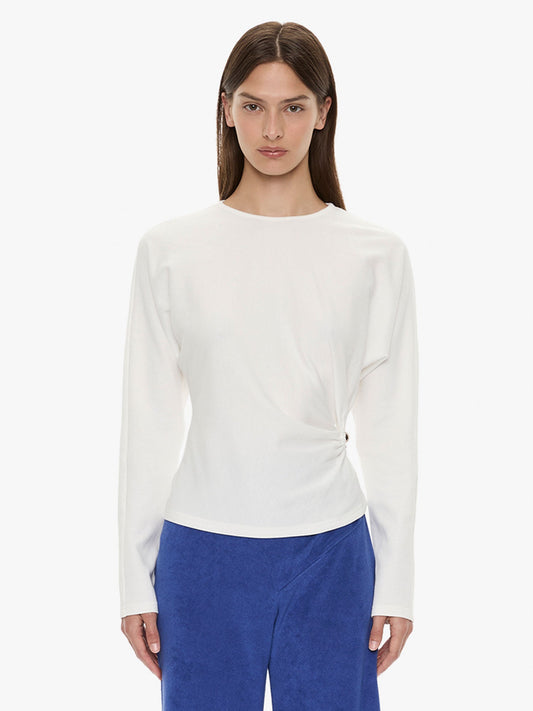 Image of a model wearing Tops. Product name - Orbit Ruched Magyar Top in White colour by brand - CHRISTOPHER ESBER