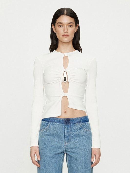 Image of a model wearing Tops. Productname: CHRISTOPHER ESBER Crystal Pendant Open Twist Long Sleeve Top in White colour by brand - CHRISTOPHER ESBER