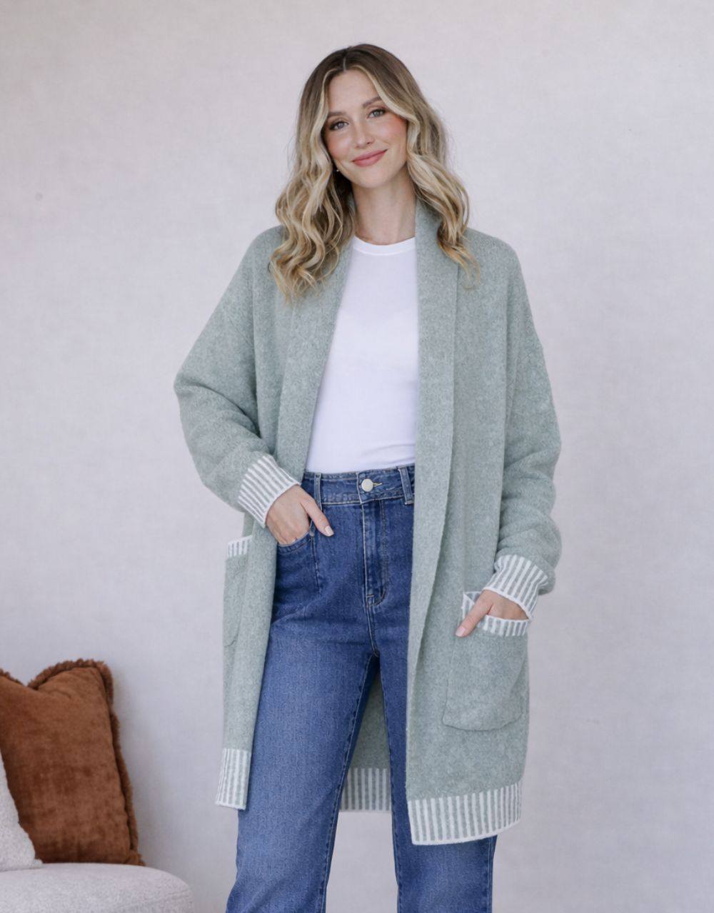 Image of a model wearing Outerwear. Productname: Vera Blanket Stitch Coatigan - in Sage colour by brand - 132 Fashion