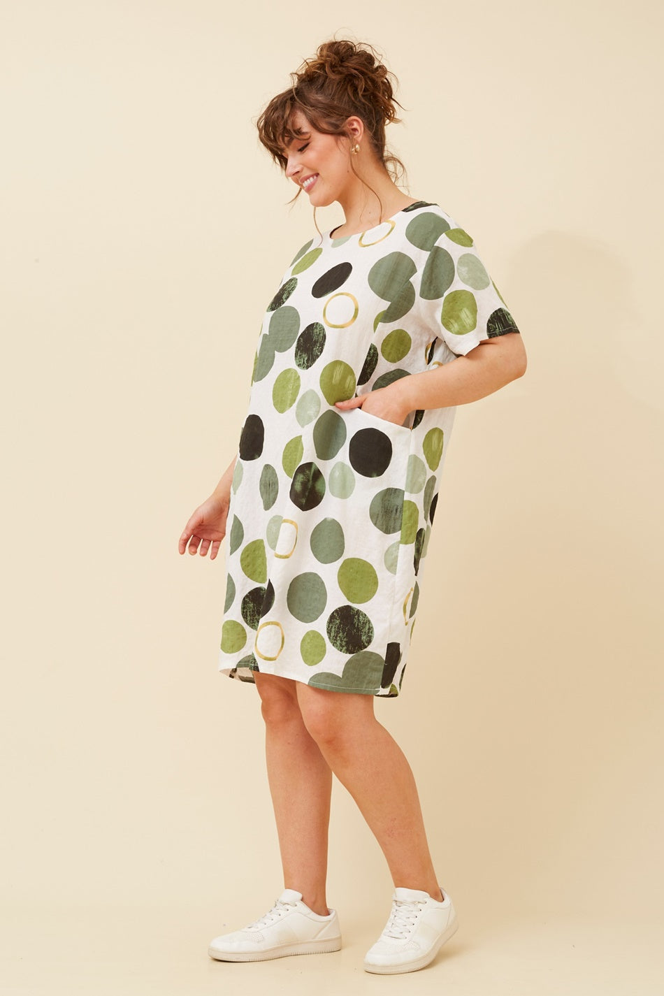 Image of Dresses. Product name - VINE POLKA DOT SHIFT DRESS in Emerald colour by brand - Caroline Morgan Australia
