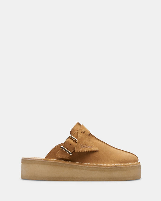 Image of Sandals. Productname: Trekwedge Mule Mid Tan Suede in Mid Tan Suede colour by brand - Clarks Originals