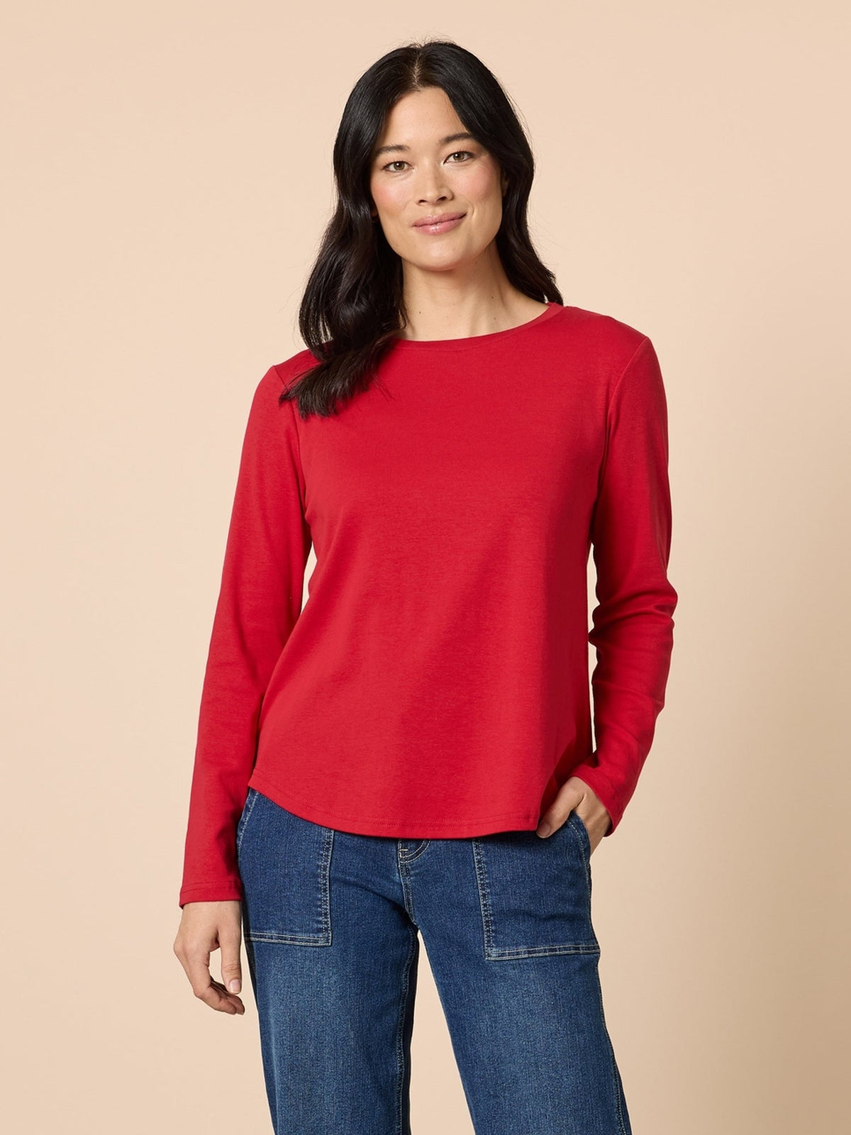 Image of T-Shirts. Product name - Long Sleeve Crew Neck Top Red in Red colour by brand - Gordon Smith