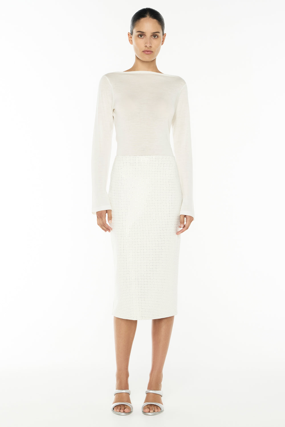 Image of a model wearing Skirts. Productname: Diamante Brilliante Skirt in White colour by brand - Manning Cartell