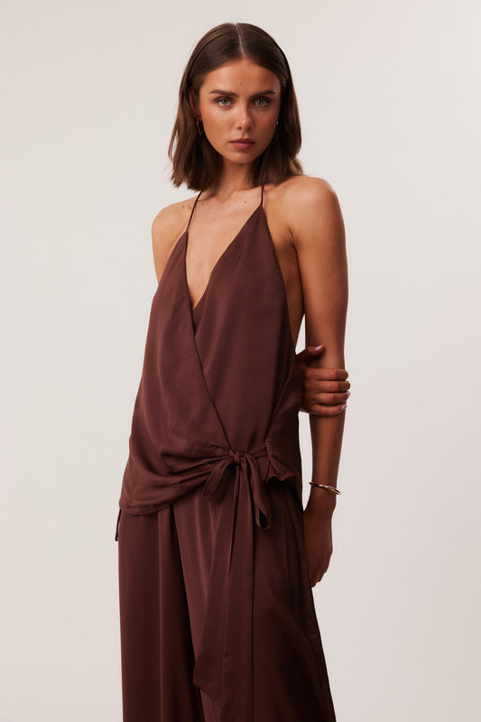 Image of a model wearing Tops. Productname: SNDYS ROSEWOOD HALTER TOP in Mocha colour by brand - SNDYS