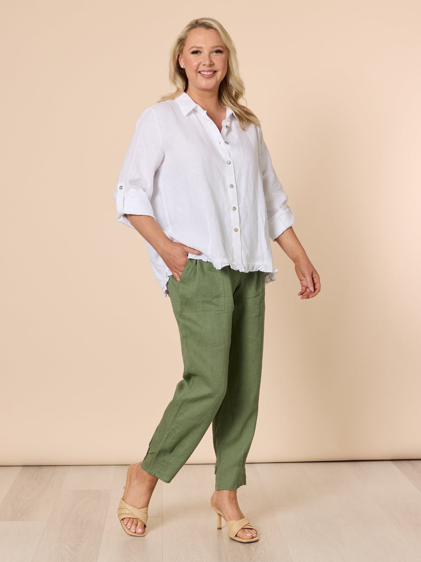 Gordon Smith Sarah Linen Pleat Hem Pant (Khaki)