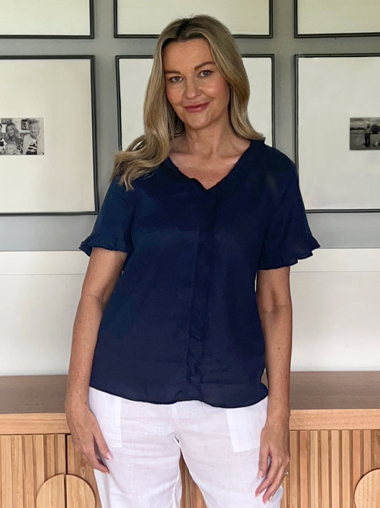 Gordon Smith Tiffany Ruffle Linen Top (Navy)