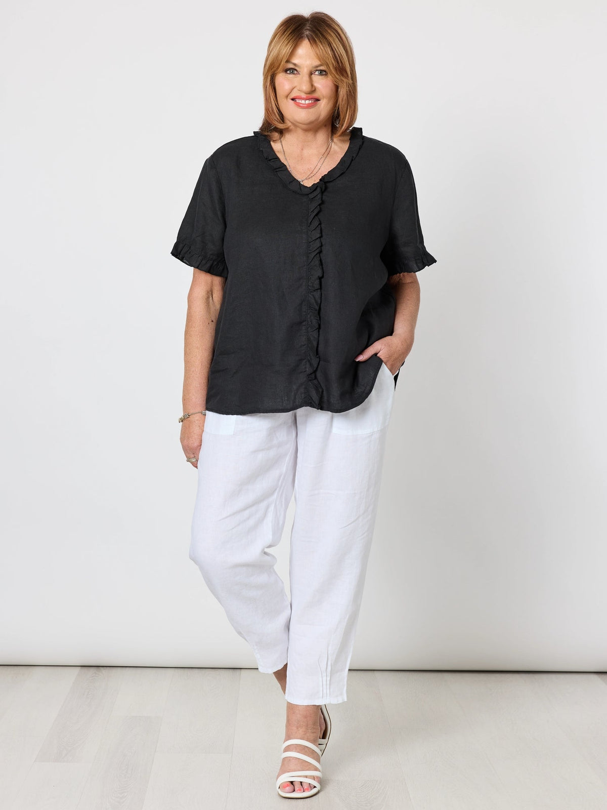 Gordon Smith Tiffany Ruffle Linen Top (Black)
