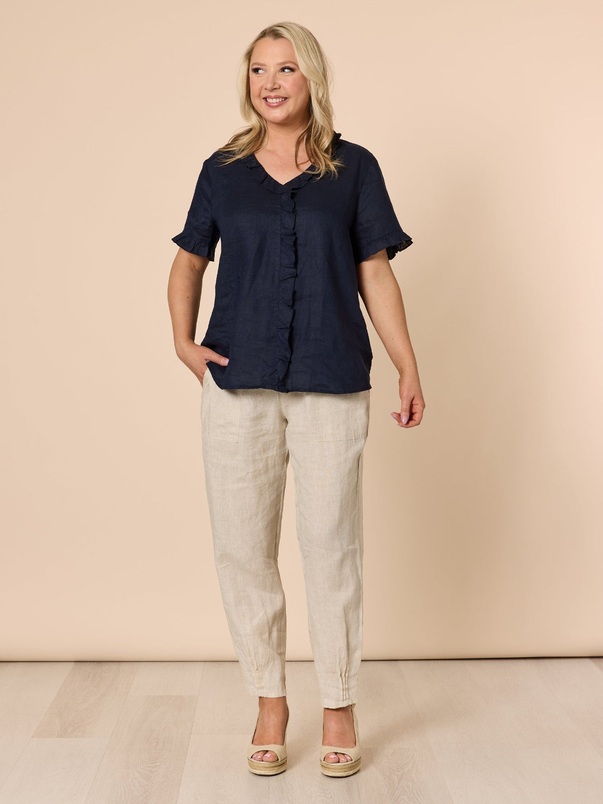 Gordon Smith Tiffany Ruffle Linen Top (Navy)