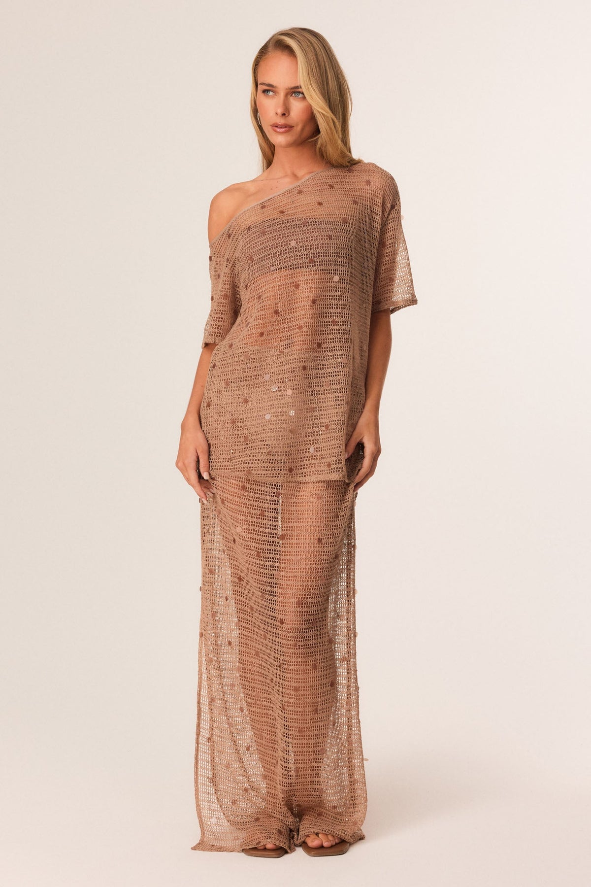 Image of a model wearing Skirts. Productname: SNDYS ALTHEA MAXI SKIRT in Mocha colour by brand - SNDYS