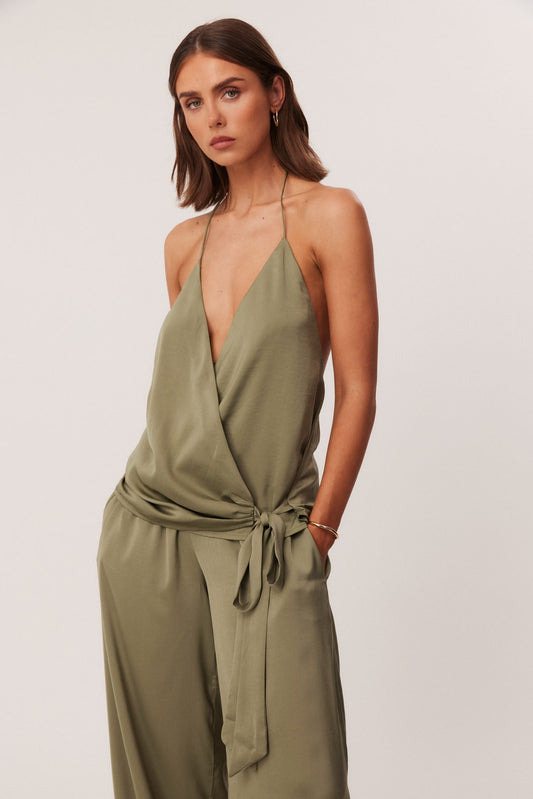 Image of a model wearing Tops. Productname: SNDYS ROSEWOOD HALTER TOP in Olive colour by brand - SNDYS