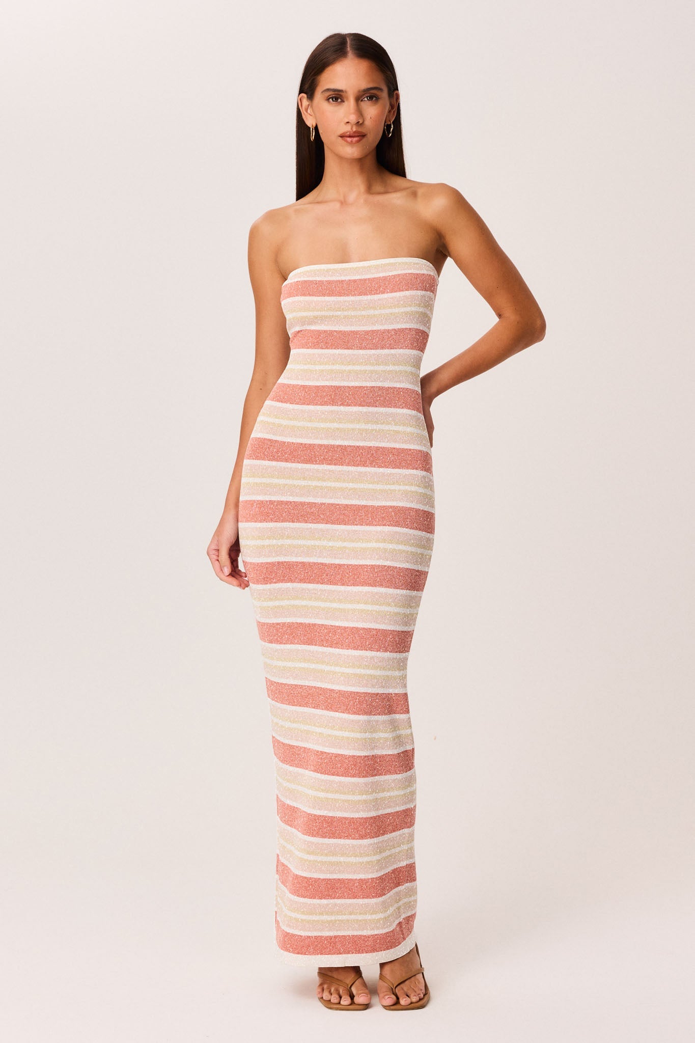 SNDYS CELIA SHIMMER MAXI DRESS (Peach Stripe)