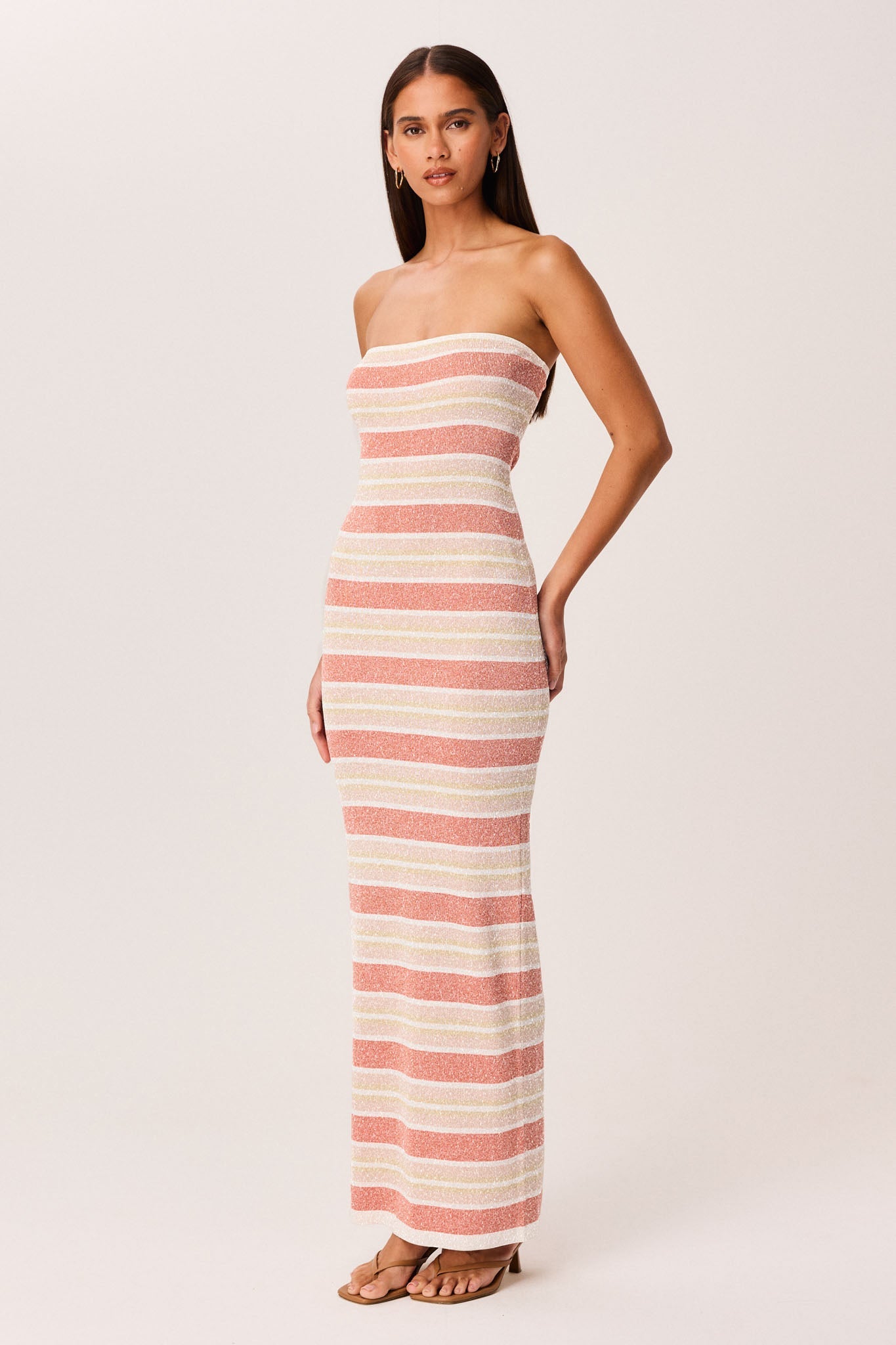 SNDYS CELIA SHIMMER MAXI DRESS (Peach Stripe)