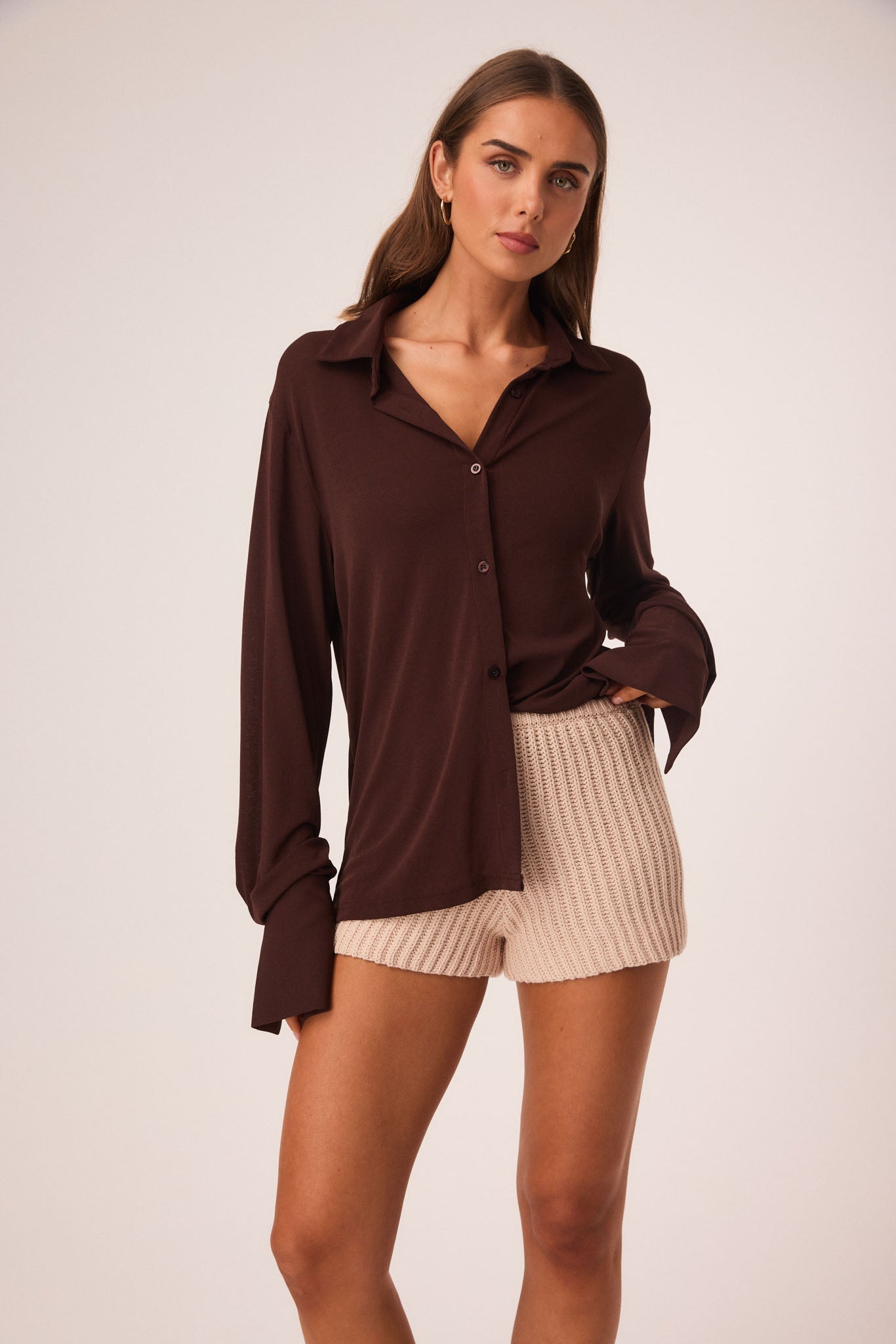 Image of a model wearing Tops. Productname: SNDYS KALEA SHIRT in Chocolate colour by brand - SNDYS
