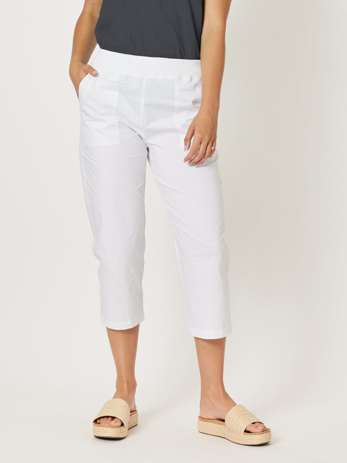 Image of a model wearing Pants. Product name - Santorini Cotton Capri Pant White in White colour by brand - Threadz