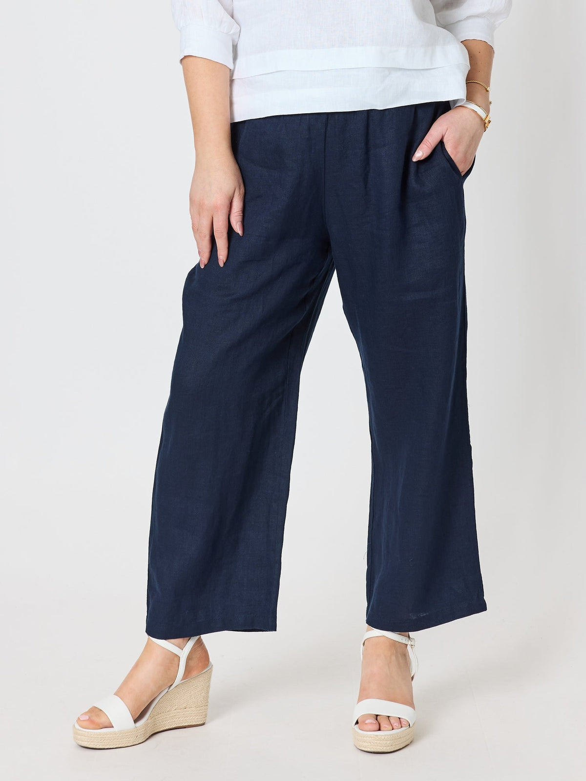 Image of a model wearing Pants. Product name - Lara Wide Leg Linen Pant Navy in Navy colour by brand - Gordon Smith