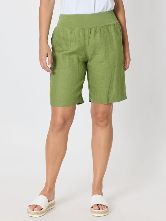 Image of a model wearing Shorts. Product name - Jordan Linen Short Fern in Fern colour by brand - Gordon Smith