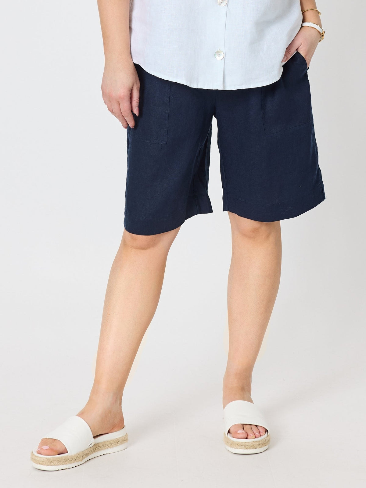 Image of a model wearing Shorts. Product name - Jordan Linen Short Navy in Navy colour by brand - Gordon Smith