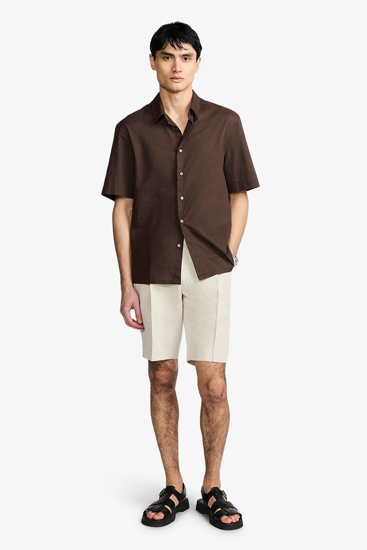 Image of Shirts. Product name - Ash Brown Cotton/Linen S/S Shirt in Brown colour by brand - Anthony Squires