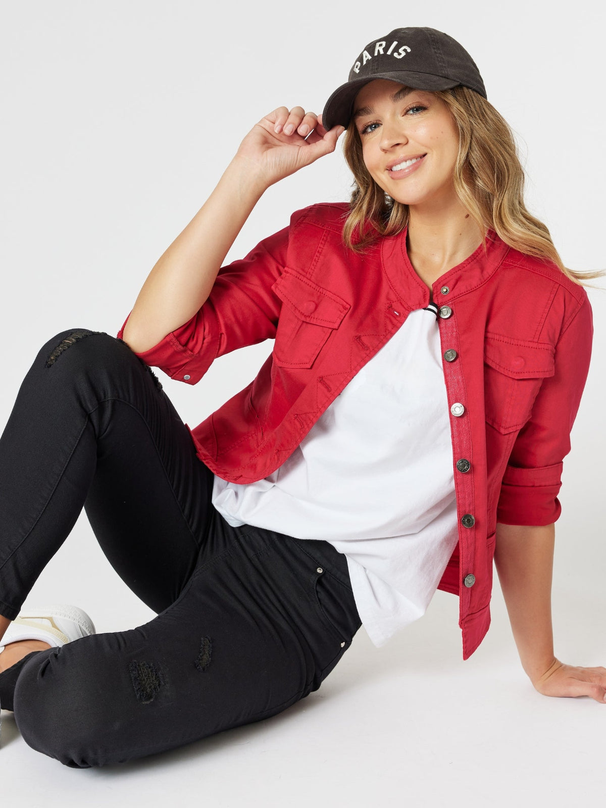Image of Coats & Jackets. Product name - Maggie Denim Jacket Red in Red colour by brand - Threadz