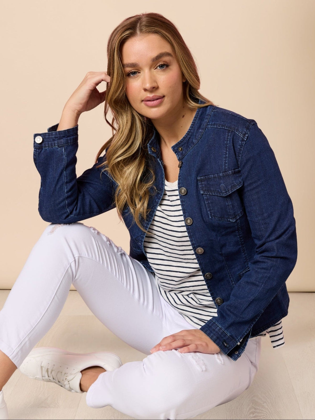 Image of Coats & Jackets. Product name - Maggie Denim Jacket Dark Denim in Dark Denim colour by brand - Threadz