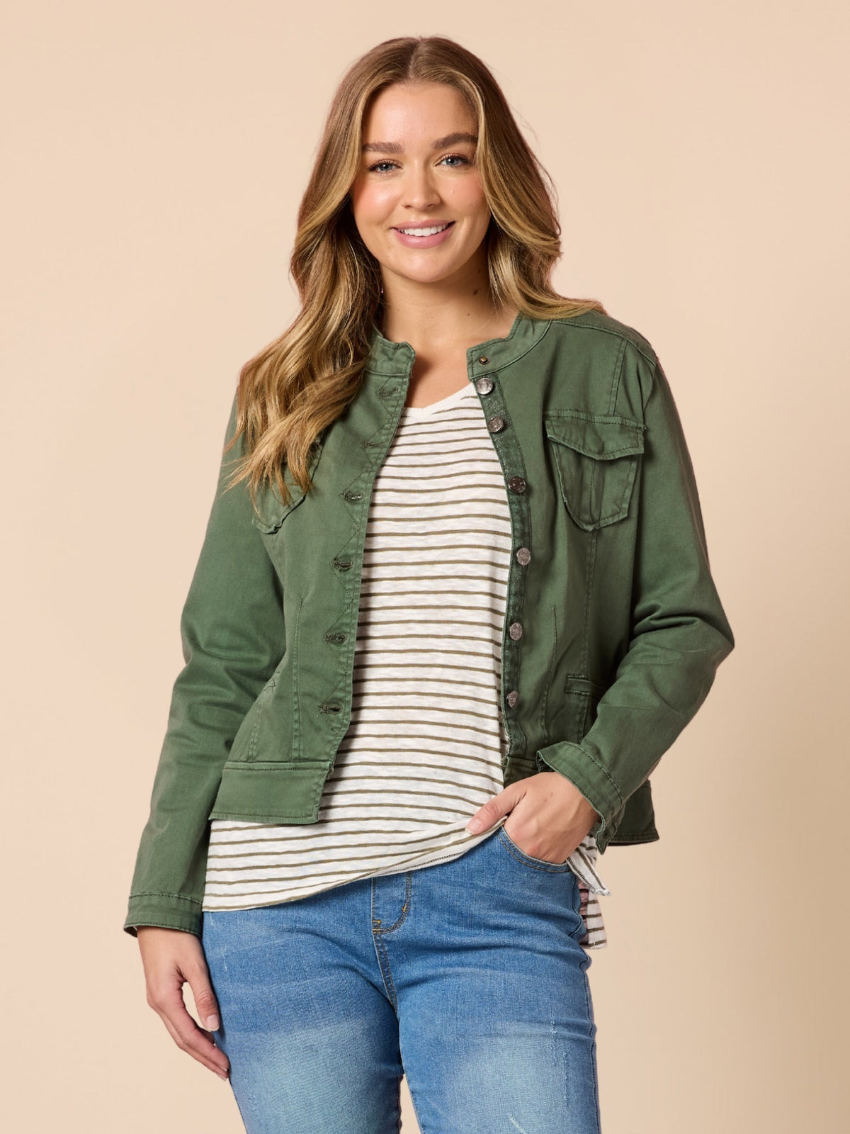 Image of Coats & Jackets. Product name - Maggie Denim Jacket Khaki in Khaki colour by brand - Threadz
