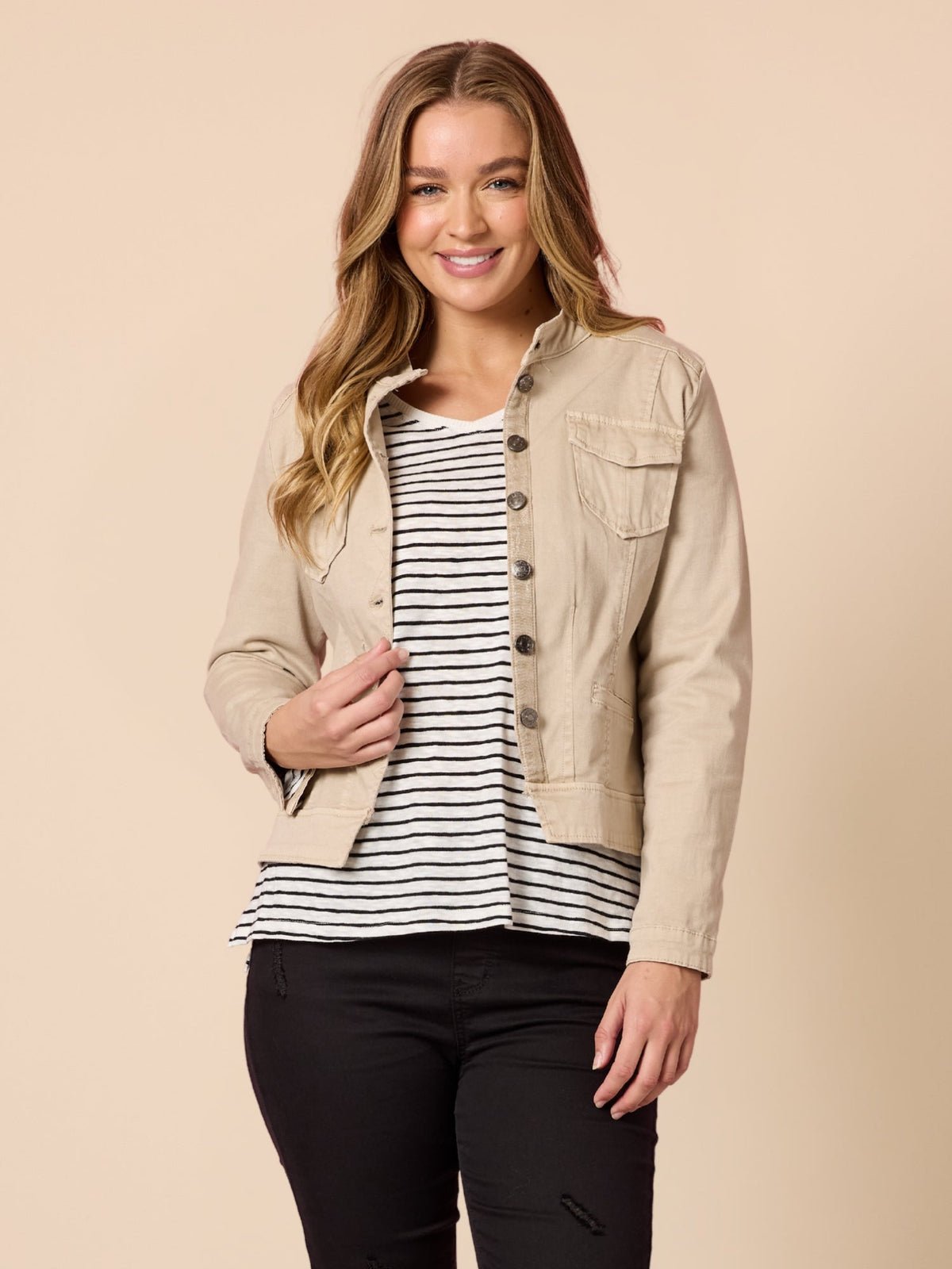 Image of Coats & Jackets. Product name - Maggie Denim Jacket Natural in Natural colour by brand - Threadz