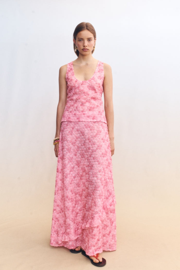 Image of a model wearing Skirts. Product name - Keris Skirt Rose in Rose colour by brand - Blanca Studio