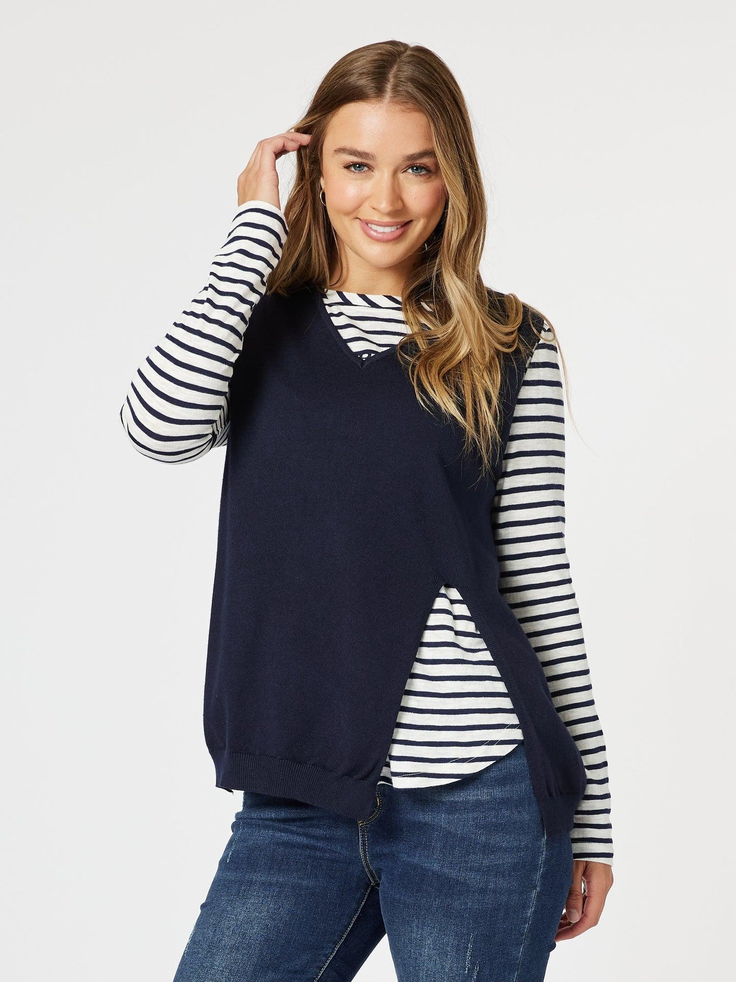 Image of Coats & Jackets. Product name - Vicky Vest Navy in Navy colour by brand - Threadz