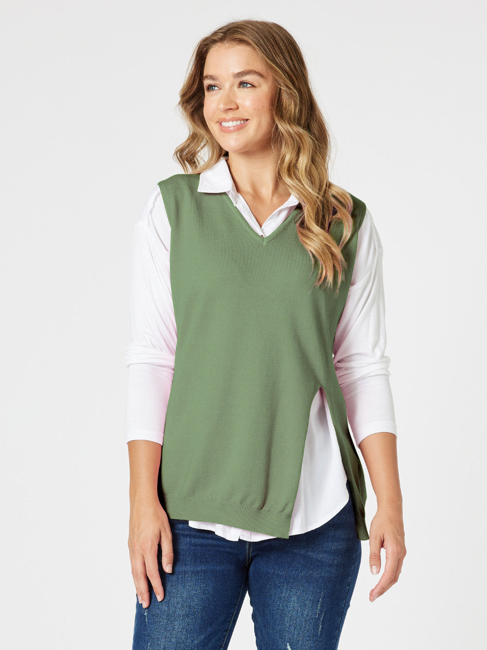 Image of Coats & Jackets. Product name - Vicky Vest Khaki in Khaki colour by brand - Threadz