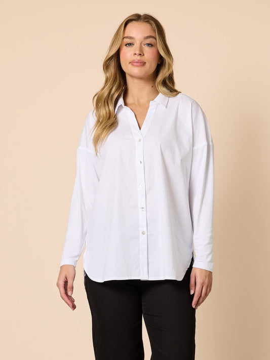 Image of Shirts. Product name - Julia Jersey Sleeve Poplin Shirt White in White colour by brand - Threadz