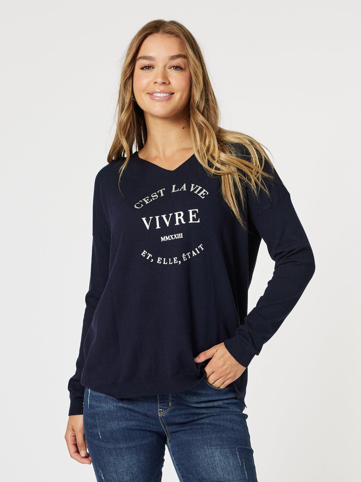 Image of a model wearing Tops. Product name - Cest La Vie Sweatshirt Navy in Navy colour by brand - Threadz