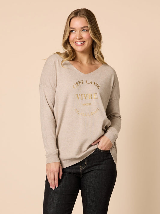 Image of a model wearing Tops. Product name - Cest La Vie Sweatshirt Natural in Natural colour by brand - Threadz