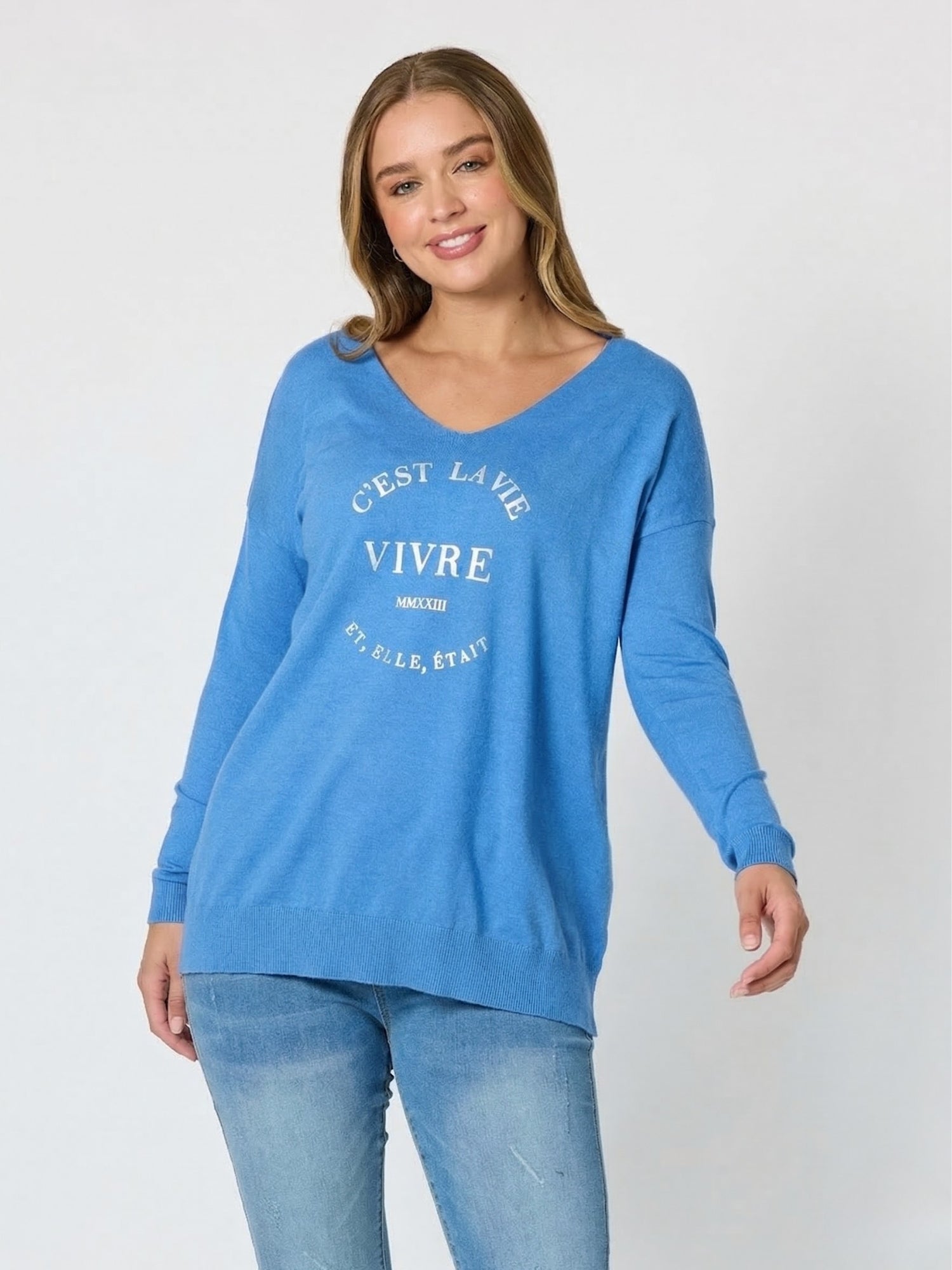 Image of a model wearing Tops. Product name - Cest La Vie Sweatshirt Blue in Blue colour by brand - Threadz