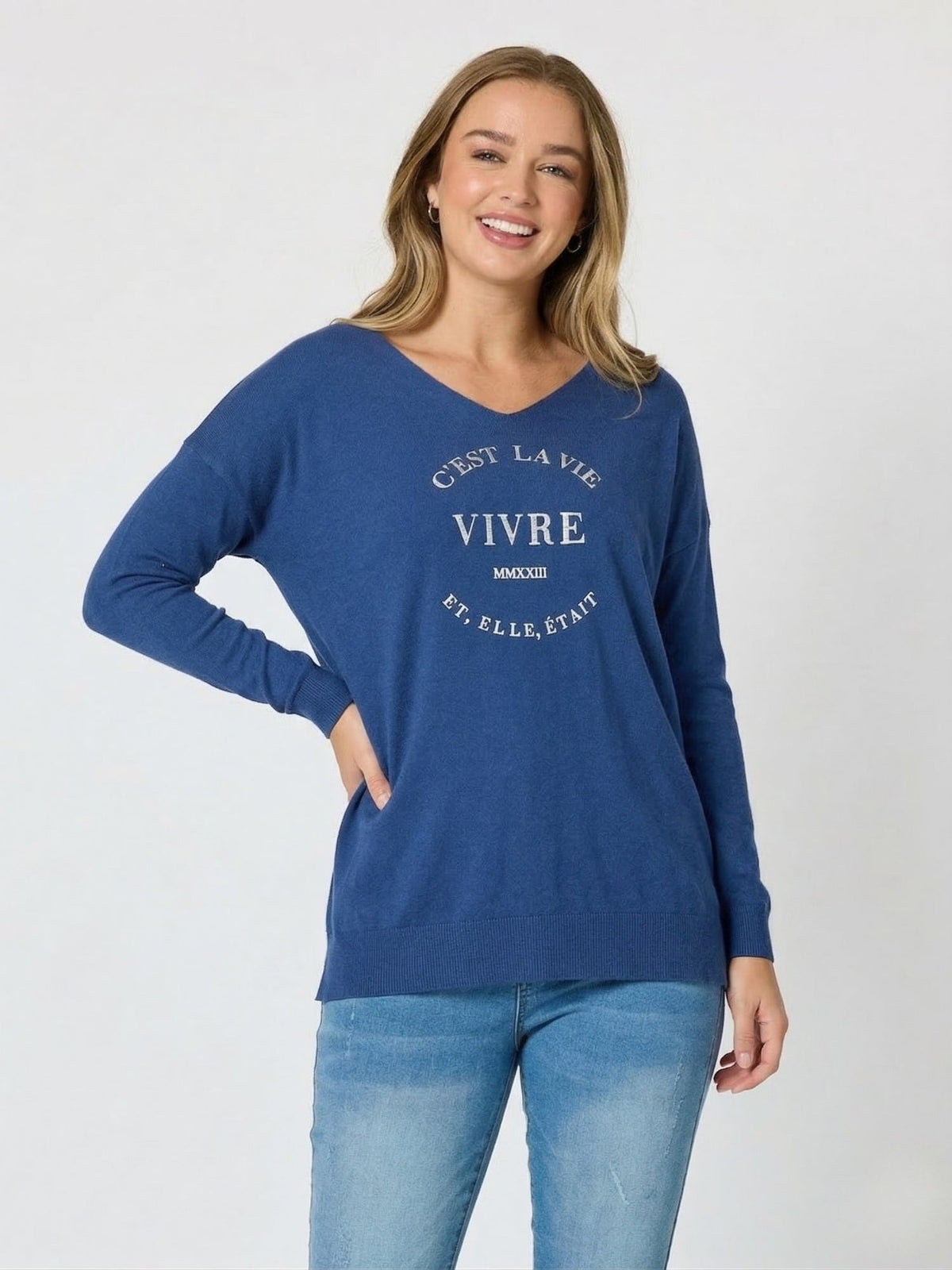 Image of a model wearing Tops. Product name - C'est La Vie Knit Sweat- Indigo in Indigo colour by brand - Threadz