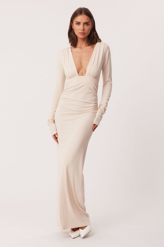 Image of Dresses. Productname: SNDYS FOXX LONG SLEEVE MAXI DRESS in Stone colour by brand - SNDYS
