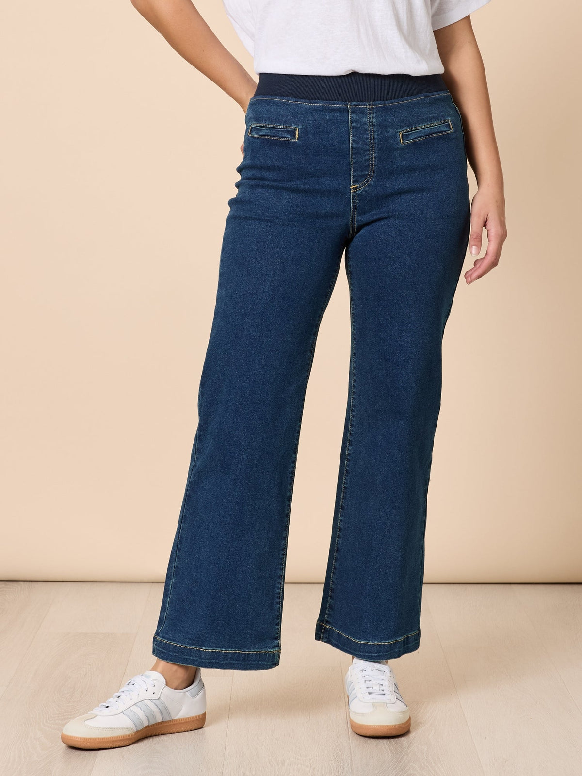 Image of Jeans. Product name - Maddy Pull on Wide Leg Jean Dark Denim in Dark Denim colour by brand - Threadz
