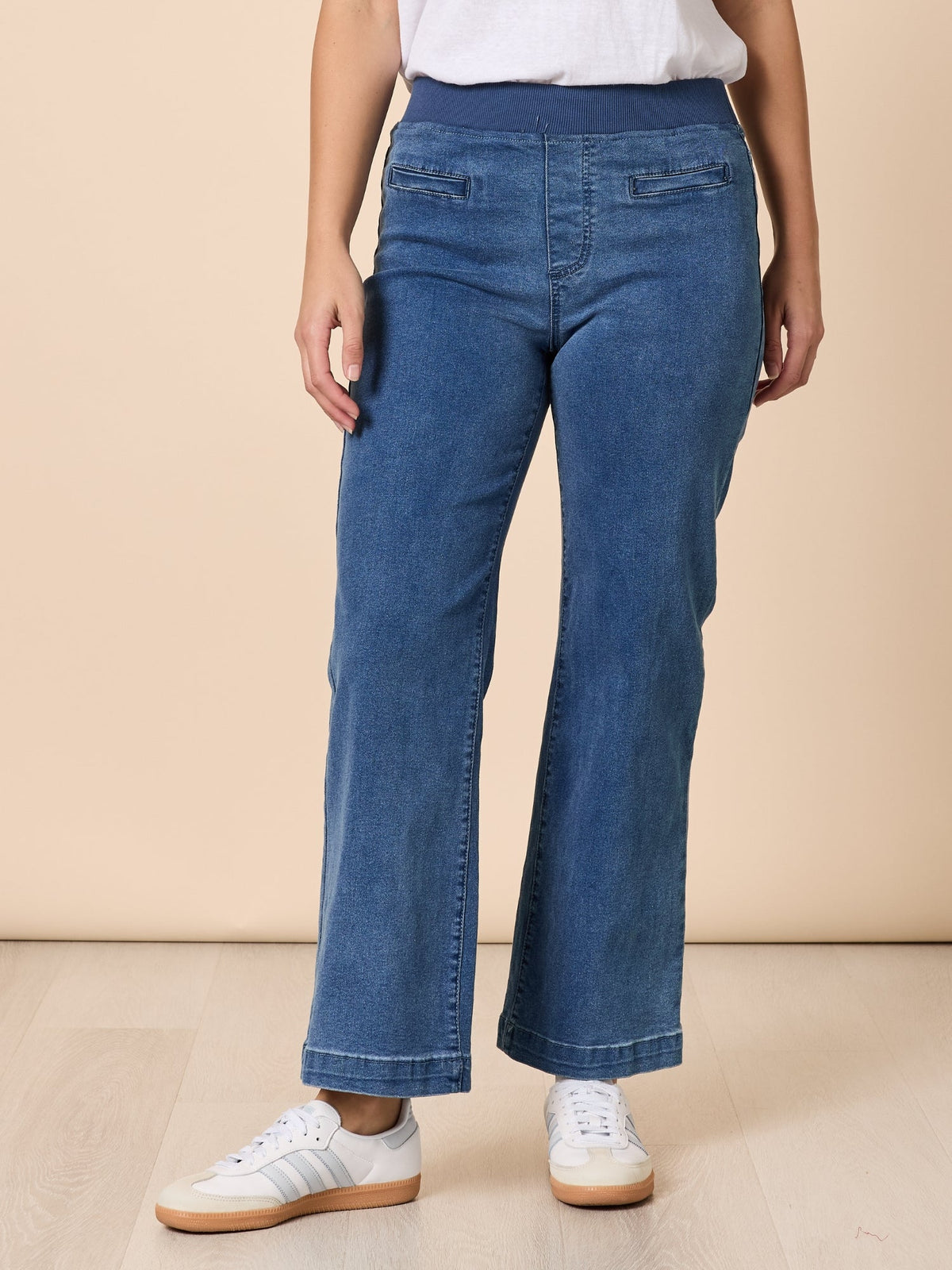 Image of Jeans. Product name - Maddy Pull on Wide Leg Jean Denim in Denim colour by brand - Threadz