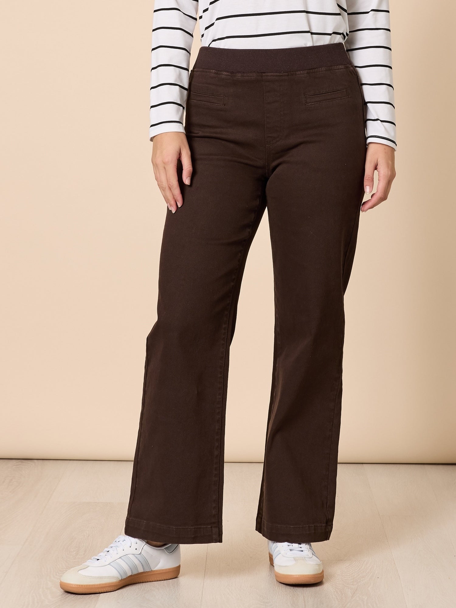 Image of Jeans. Product name - Maddy Pull on Wide Leg Jean Chocolate in Chocolate colour by brand - Threadz